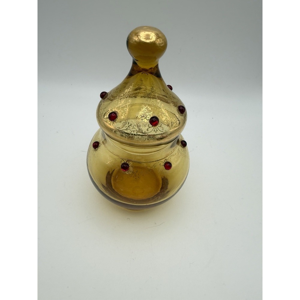 Empoli Style Vintage Italian Amber Optics Art Glass Apothecary Jar w/Red Jewels